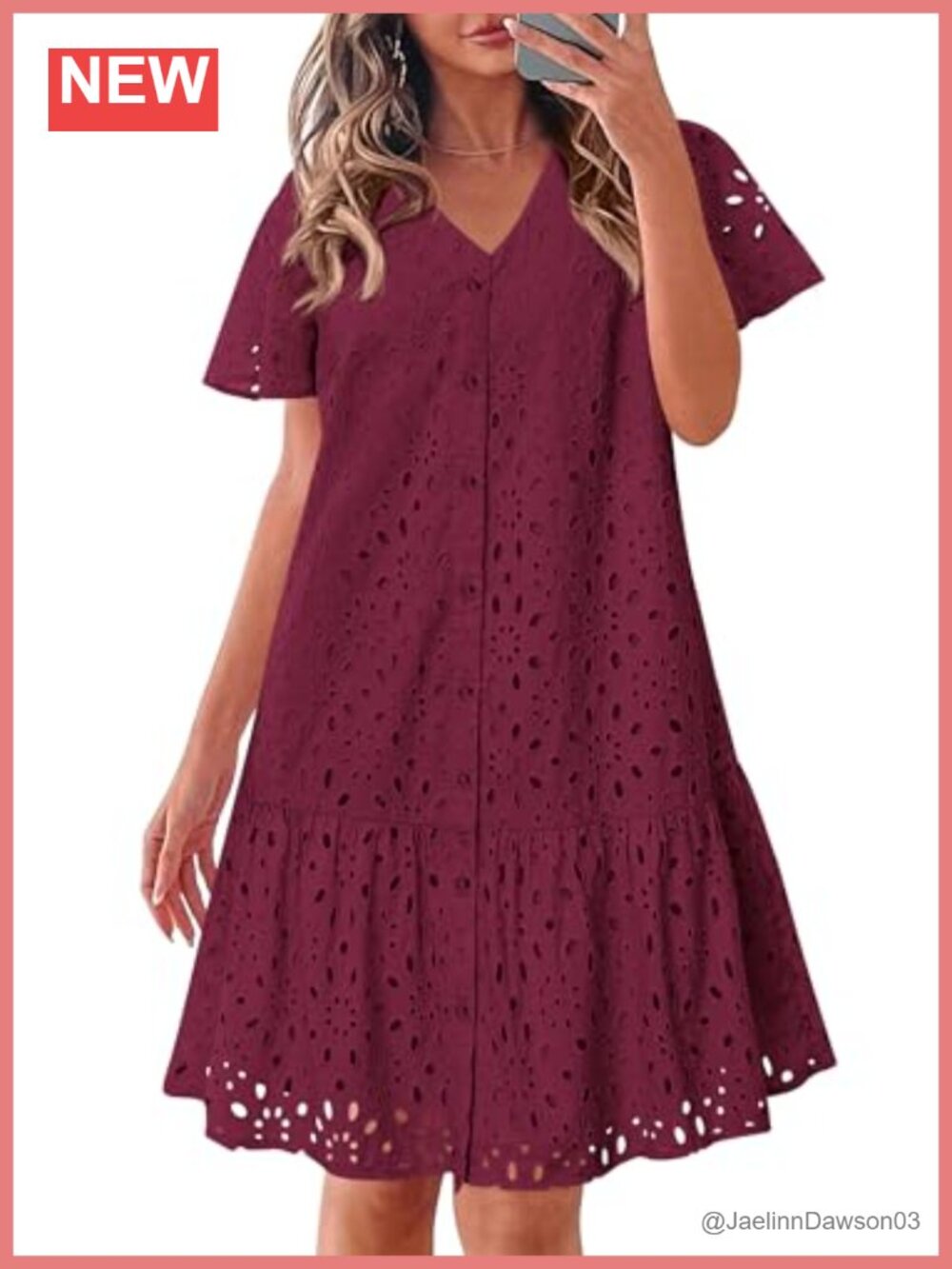 Eyelet Babydoll Mini Dress Button Down V-Neck A-Line Sundress